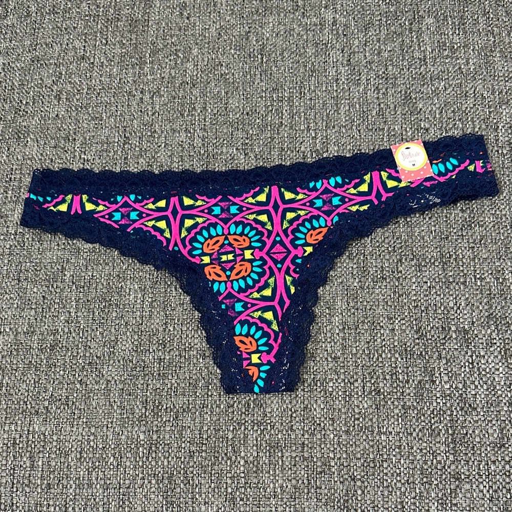 Flirtitude Navy Floral Lace-Trim Thong Panty